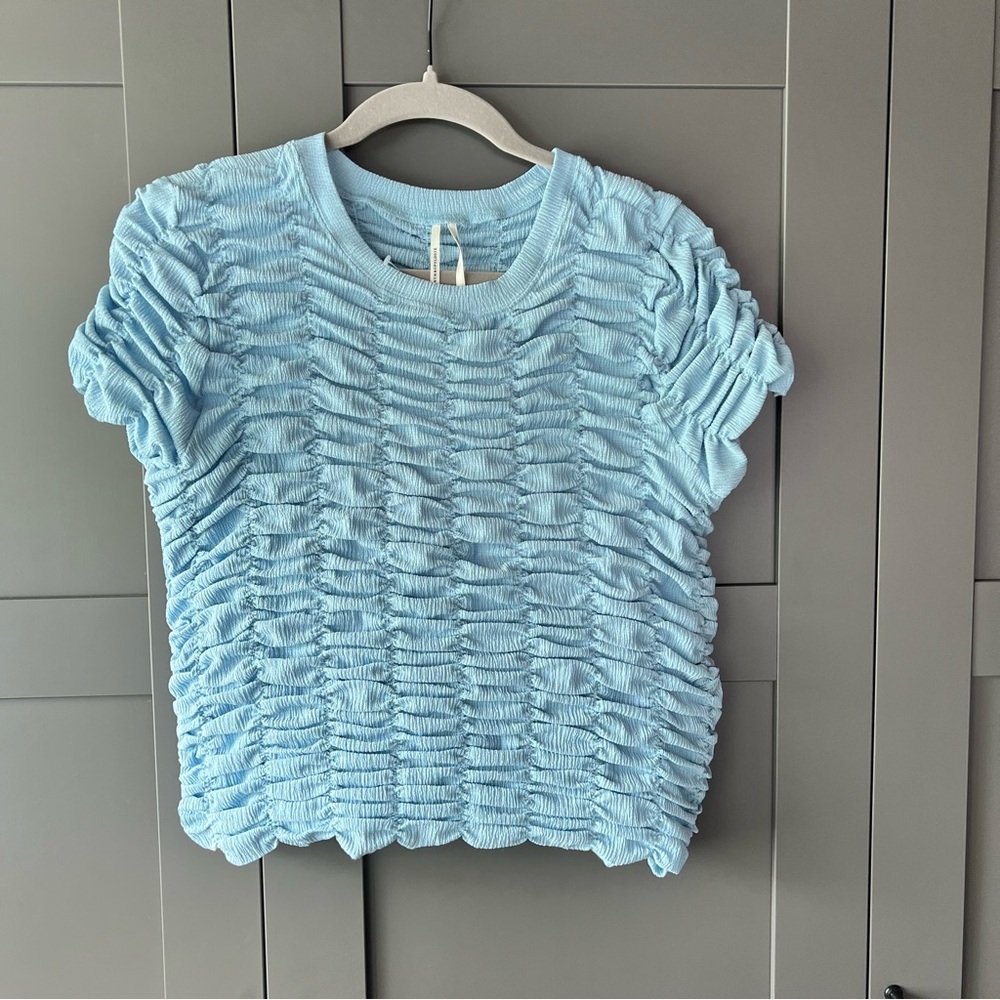 Anthropologie Blue Ruched Short Sleeve Tee